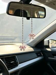 1pc Light Luxury Pink Diamond Bow Car Hanging Accessory Rearview Mirror Decoration Women's Car Interior Decorative Accessories - A - View 3