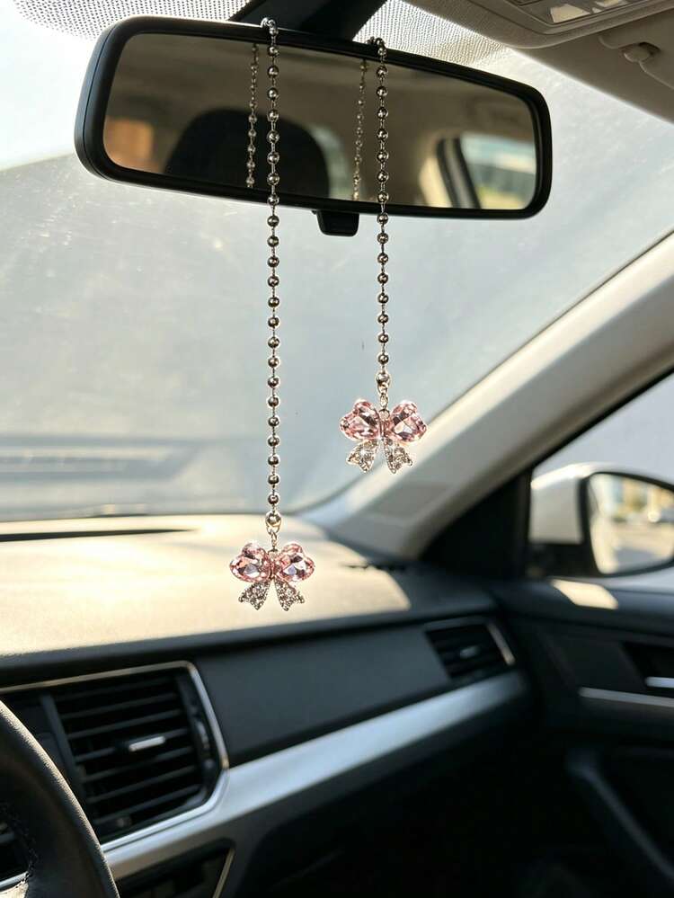 1 chiếc nơ đính đá màu hồng sang trọng, phụ kiện trang trí gương chiếu hậu cho xe hơi, thích hợp cho nữ. - A - Xem 3