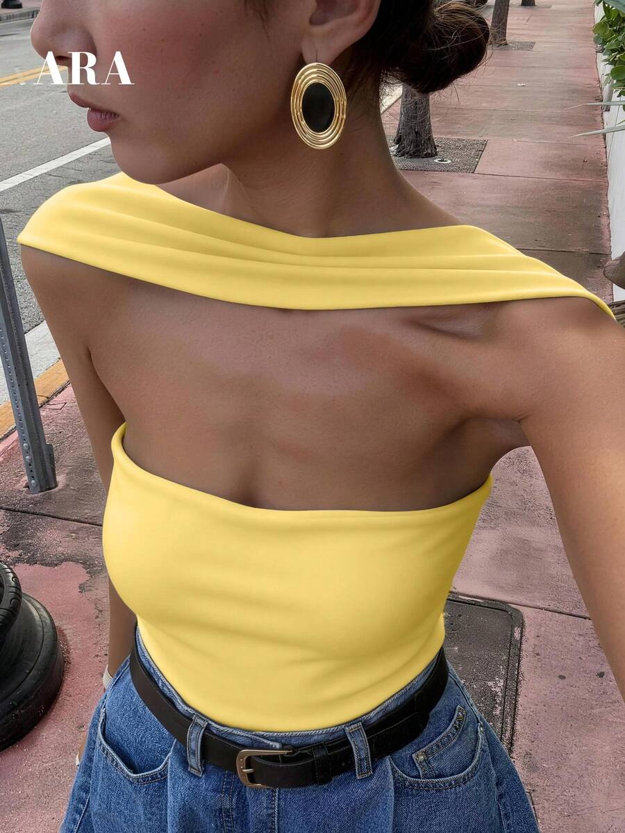 ARA CHIC Women's Yellow Spaghetti Strap Low-Cut Backless Camisole, Sexy Fitted Comfortable Versatile Tank Top, New Arrival Spring/Summer For Vacation & Commute - Yellow - View 1