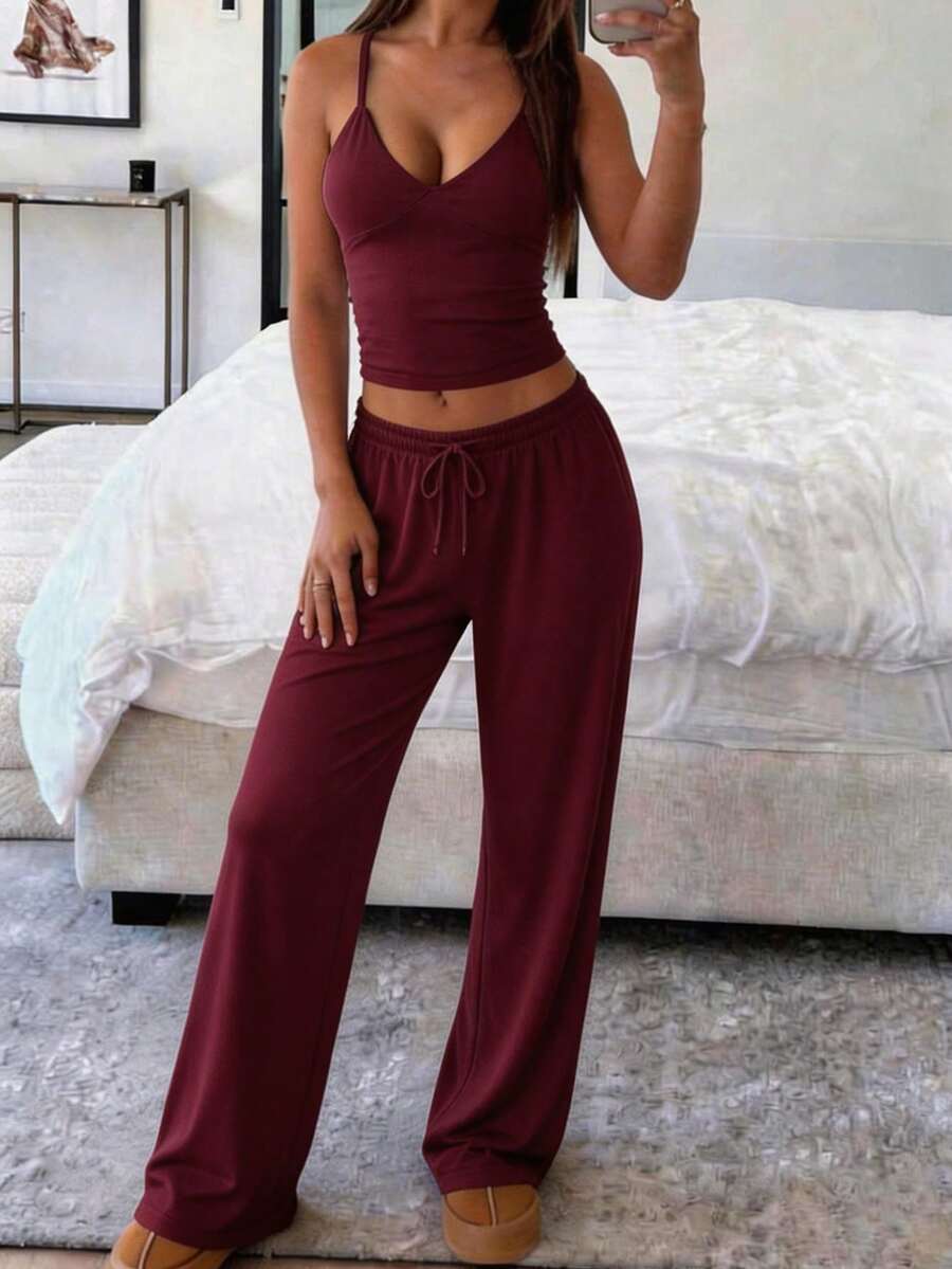 GAOVOT 女士性感休闲深V领吊带背心和宽松直筒裤两件套，秋季 - 紫紅色 - 查看 1
