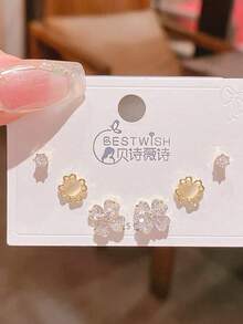 2026新款三对装四叶草花朵设计耳环，小众优雅奢华闪亮耳环六件套，四叶草花朵耳钉 - 四葉草套裝 - 查看 5