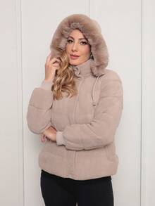 DUOUNO MODAS - WOMEN'S PUFFER JACKET, ULTRASUEDE SOFT, LINED, WITH REMOVABLE HOOD - TECHNOLOGICAL ULTRASUEDE SOFT PUFFER JACKET FOR WINTER - 米色 - 查看 1