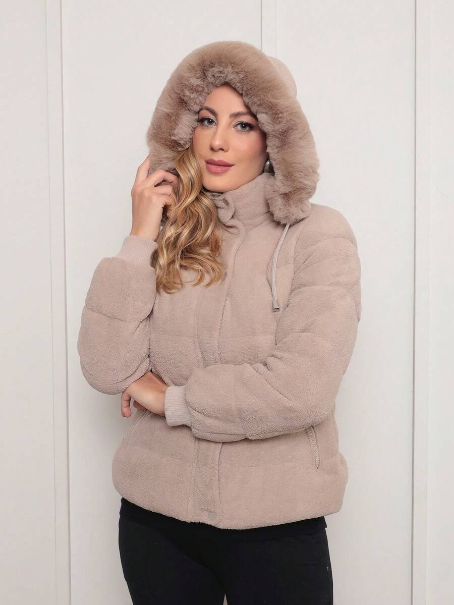 DUOUNO MODAS - WOMEN'S PUFFER JACKET, ULTRASUEDE SOFT, LINED, WITH REMOVABLE HOOD - TECHNOLOGICAL ULTRASUEDE SOFT PUFFER JACKET FOR WINTER - 米色 - 查看 1