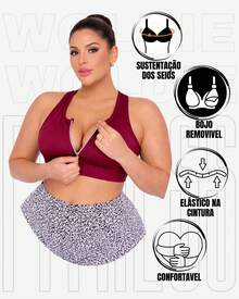 WOLFOC Women's Plus Size Cropped Fitness Top With Zipper And Removable Pads In Suplex Polyester - Burgundy - View 3