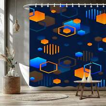 1/4pcs Set Blue Bathroom Accessories, Geometric Pattern Shower Curtain Set, Modern Art Style Shower Curtain With 12 Hooks, Bathroom Rug, Bath Mat And Toilet Mat - A - View 19