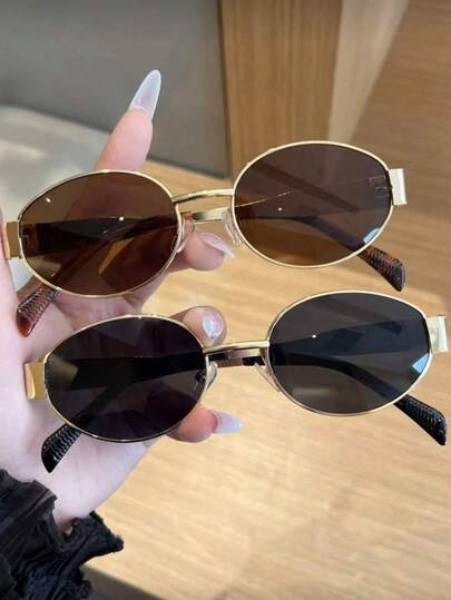 1/2 Pair Women Retro Small Oval Frame Personalized Fashion Glasses, Suitable For Daily Wear, Elegant Beach Accessory