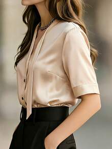 女士不对称领亮面珠地针织优雅衬衫，适合日常穿着、通勤、办公和约会，春夏款 - 杏色 - 查看 5