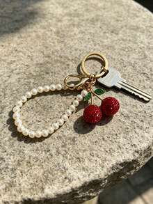 Fashionable Cherry Keychain Pendant, Charming Double Cherry Keychain Gift For Women, Keychain, Rhinestone, Fruit Cherry, Keyring, Adult Decoration, Imitation Chain, Alloy Rhinestone, Cherry Car Pendant, Car Interior Decor, Rhinestone Decor, Durable Structure, Charm For Valentine's Day, Decoration, Alloy, Suitable For Work, School, Back To School Season And Mother's Day - Multicolor - View 8