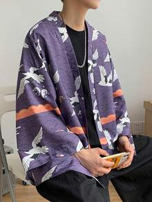 Japanese Ukiyo-E Style Crane Print Kimono Cover Up, Loose Fit For Summer Beach Vacation, Niche Design Swimsuit Cover-Up - Purple - View 8