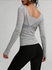 FLEXCHIC Elastic Sheer Long Sleeve Scoop Neck Fitted T-Shirt Top, Valentine's Day Edition - Grey - View 4