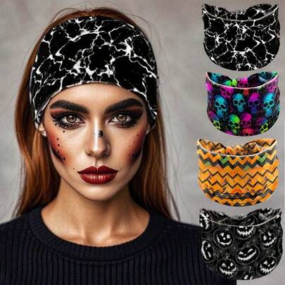 Băng đô Halloween in hình đầu lâu, bản rộng, chất liệu cotton co giãn, kiểu khăn xếp, phụ kiện đội đầu cỡ lớn phong cách Bohemian cho tiệc tùng, trang phục hóa trang, phụ kiện tóc.