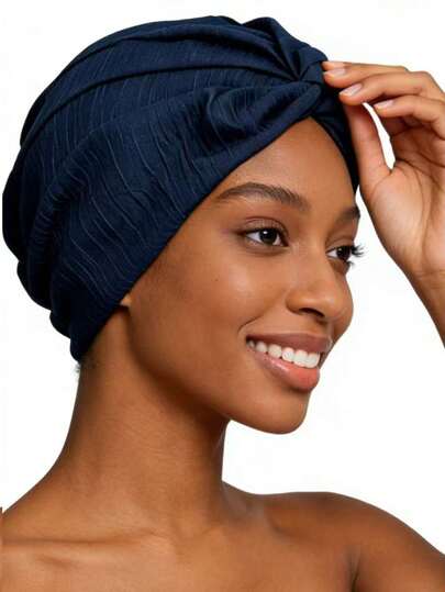 1件装女士褶皱纹理纯色帽子套装 - 灵感源自波西米亚风格，海军蓝纹理头巾帽，预系结帽，弹力褶皱头巾帽，适合化疗、脱发、非洲头巾等场合，时尚百搭，适合日常佩戴、派对、夏季、海滩等场合。