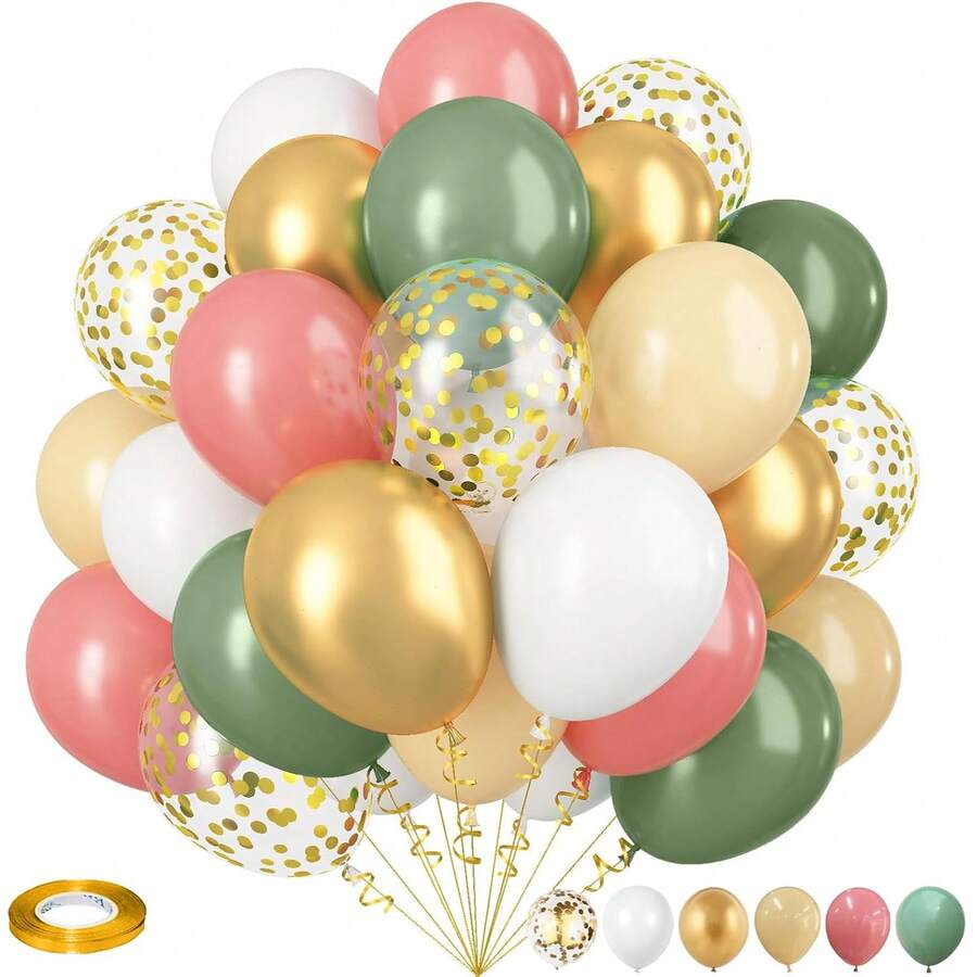 61/31pcs Green & Gold Balloon Set, Deep Green Pearl Lime Green Metallic Gold White With Foil Confetti Latex Balloons, Light Green Gold White Balloons, Suitable For Jungle Dinosaur Theme Birthday, Baby Shower, Wedding Party Decoration - Set - View 1