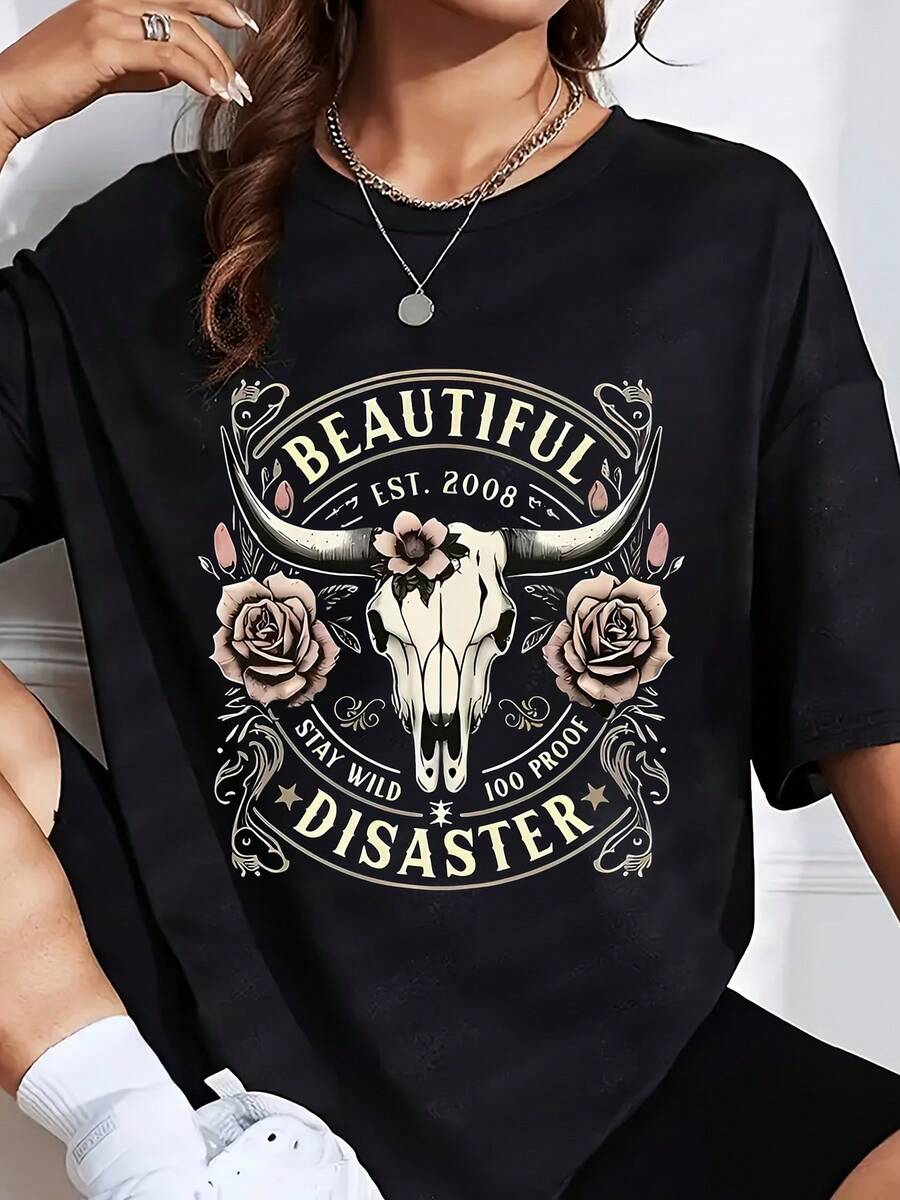 Beautiful Disaster Bull Skull Rose Graphic Oversized Tee Women Casual Top Boho Style Fashion Statement Shirt - màu đen - Xem 1