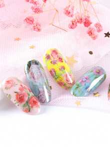 10张花卉美甲转印贴纸，包含彩色花朵、玫瑰和蝴蝶图案，适合春夏植物主题美甲装饰，DIY美甲用品，女士适用。 - 彩色 - 查看 3