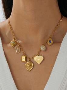 1set Fashion Gold Plated Retro Geometric Carving Pendant Water Drop Heart Shaped Stainless Steel Vintage Accessories Pendant Chain Jewelry Set - Love - View 7