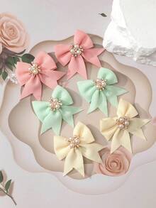 6pcs/Set French Gentle Style Pearl Bow Hair Clips, Macaron Color Girl Hair Accessories, Versatile Side Clips - Multicolor - View 4