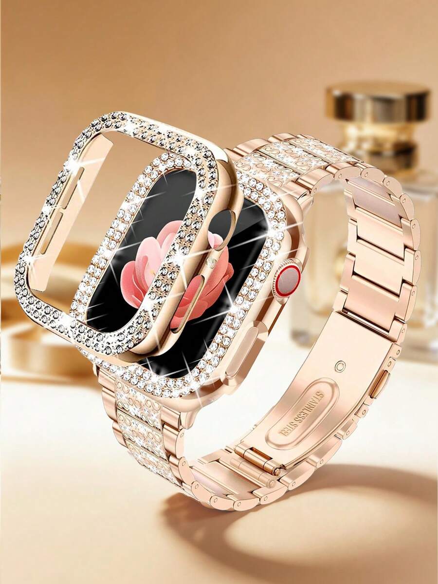 Compatible With Apple Watch Bands And Watch Protective Case Set, Includes Rhinestone Embedded Shiny Silver Metal Watch Band And Multi-Layer Diamond Protective Case To Protect From Scratches And Collisions
