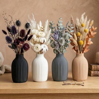 1pc Modern Minimalist Boho Aesthetic Decorative Shatterproof Lightweight Waterproof Matte Finish Unbreakable Premium Plastic Flower Vase Set Nordic Vintage Rustic Farmhouse Style Black White Gray Nude Beige Solid Morandi Color Tall Narrow Neck Rounded Body Bottle Shape Vertical Ribbed Fluted Textured Design