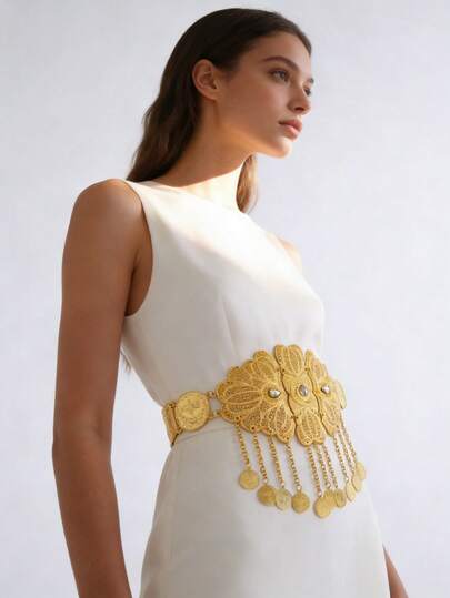 1pc Gold-Tone Metal Waist Belt, Middle Eastern Gold Hollow Crystal Waist Chain, Elaborate Coin Tassel Body Chain, Belly Dance Bikini Accessory