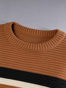 Men's Knitted Sweater, Round Neck, Long Sleeve, Premium Wool, Basic And Comfortable Winter Clothing - Caramelo com Preto - 查看 3
