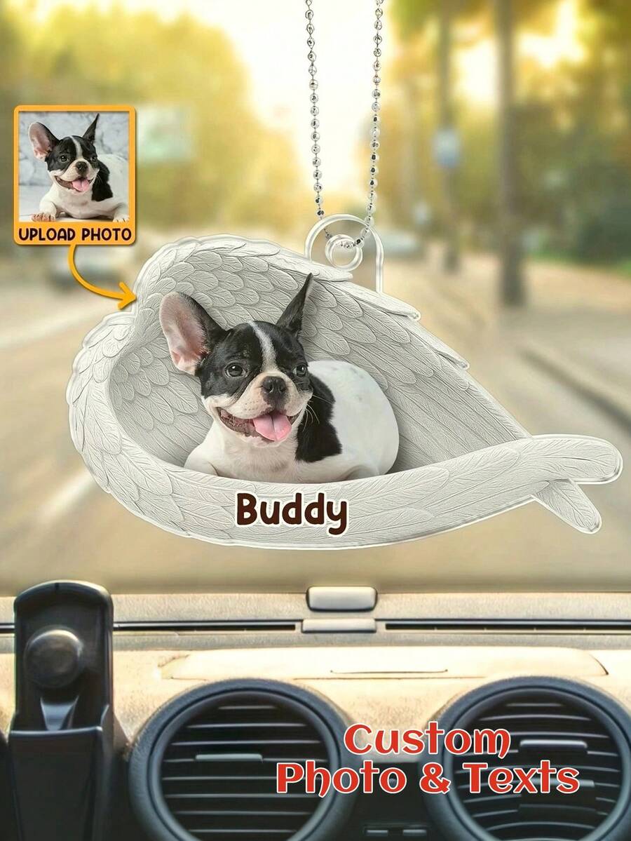 1 pièce Décoration intérieure de voiture commémorative pour animal de compagnie, ornement suspendu pour photo d'animal de compagnie avec ailes d'ange, décoration personnalisable pour rétroviseur en acrylique avec nom d'animal, impression recto-verso, cadre avec ailes d'ange, chaîne à boule en argent, imperméable et durable, décoration suspendue pour rétroviseur de voiture, cadeau commémoratif pour animal de compagnie, collection pour amateurs de chiens, en souvenir - Multicolore - Voir 1