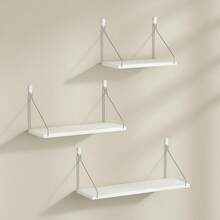 Conjunto de 3 Prateleiras Flutuantes de Parede Sem Furos com Ganchos - Prateleiras de Madeira Contemporâneas para Livros, Cozinha e Sala de Estar - 3 Tamanhos (Grande, Médio, Pequeno) para Exibição de Livros em Decoração Moderna e Minimalista - Branco - Ver 5