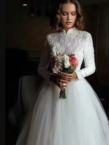 High Waist A-Line Wedding Dress For Women With High Neck And Structured Stand Collar Back Design, Long Sleeve Bridal Gown Featuring Smooth Satin Or Matte Bodice With Lace Patchwork At Shoulders, Soft Tulle Skirt With Lightweight Flowing Movement, Embroidered Lace Detail At Back Adding Feminine Touch, Defined Waistline Enhancing Body Proportion, Airy Skirt With Gentle Train Creating Elegant Silhouette, Perfect For Wedding Ceremony, Church Wedding, Christmas Celebration, Holiday Party, Formal Prom Night, Evening Event, Birthday Celebration, Engagement Photoshoot, Reception Dress, Modest Elegant Bridal Style With Clean Structure And Soft Texture - 白色 - 查看 1