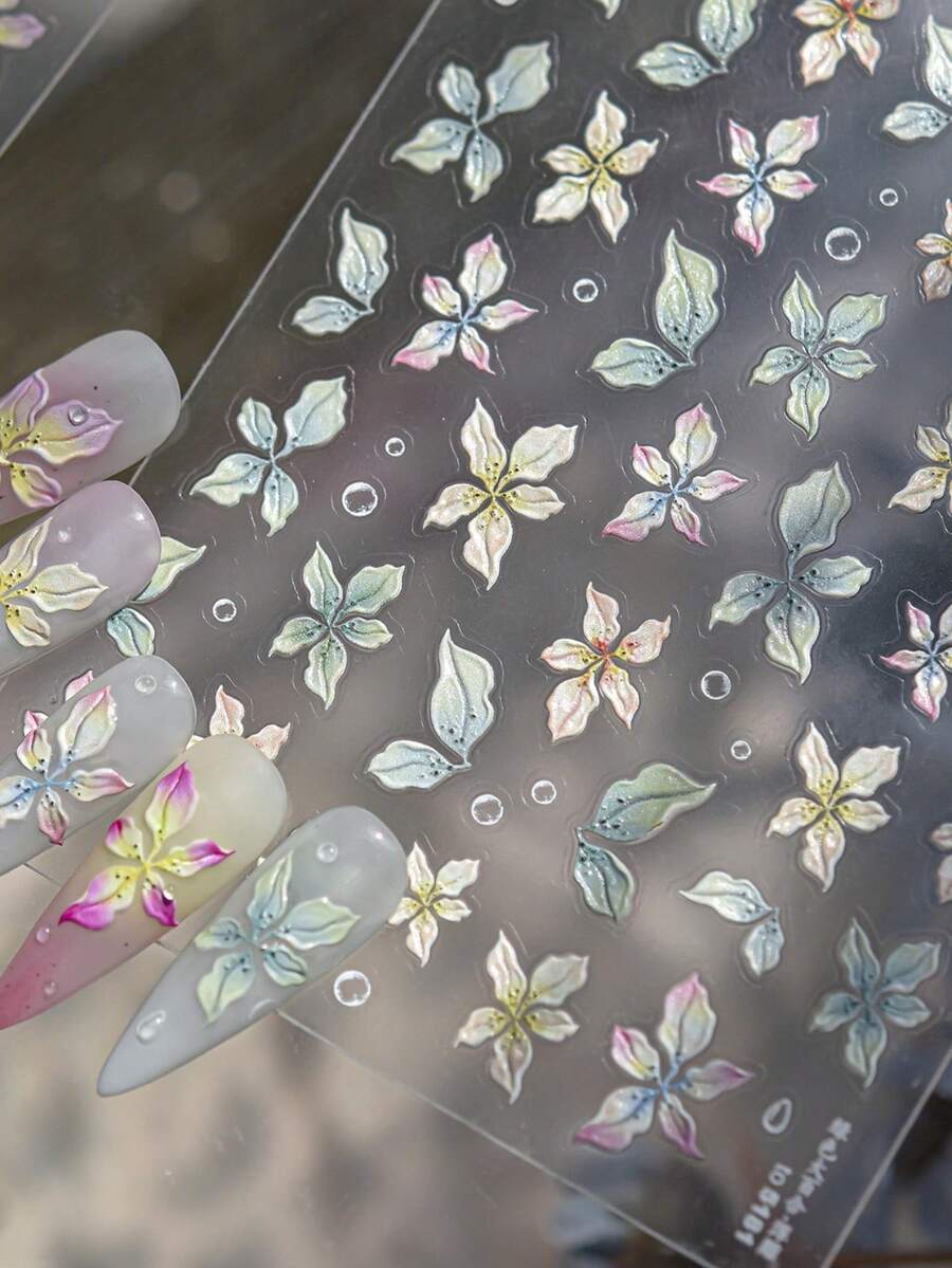 1pc 5D Embossed Nail Stickers Spring And Summer Colorful Frangipani Bright Lily Flowers Gradual Petal Vivid Dew Delicate Romantic Nail Art Stickers Manicure Decals Decorations - Multicolor - View 1