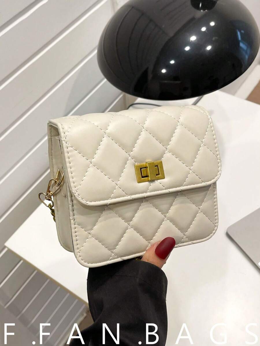 2026 Spring New Rhombus Embroidery Chain Crossbody Bag, Versatile Ins-Style Small Square Bag, Fashion - Beige - View 1
