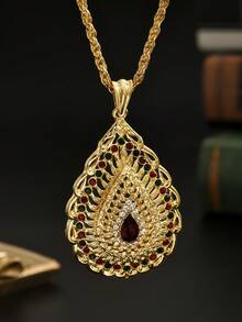 1件摩洛哥风格女士项链吊坠，水滴形雕刻水钻宝石新娘项链，60厘米长链，夏季，珠宝 - 金色 - 查看 7