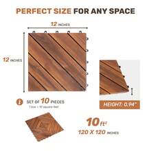 10 PCS Interlocking Deck Tiles Diagonal Pattern, 12" X 12" Acacia Wood Tiles For Patio, Waterproof, All-Weather, Outdoor Decking For Garden, Pool, Balcony - Brown + Acacia Wood - View 2