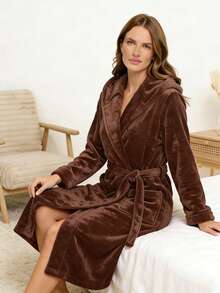 1 pieza Elegante y lujoso albornoz largo de franela con capucha para mujer, multicolor, adecuado para primavera, otoño e invierno, cómodo para el hogar y el ocio - Marrón Mocha - Ver 2