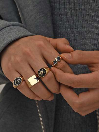 欧美五芒星戒指套装，高端嘻哈小众男士个性化戒指