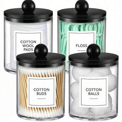 1/4pcs Acrylic Qtip Holder Dispenser,Bathroom Jars With Lid Set For Cotton Swabs,Balls,Pads,Floss,Clear Plastic Canisters Apothecary Jar,Bathroom Essential Makeup Vanity Organizer