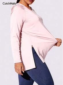 Plus Size Women's Long Sleeve Hooded Top, Solid Pink, Side Ruched, Side Slit, Loose Fit, Soft, Yoga Casual Sports - Baby Pink - View 7