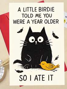 1张，趣味猫咪“又长大一岁”生日贺卡。包含信封和优质艺术纸。俏皮的卡通猫咪和羽毛插图。送给朋友的完美之选——轻松愉快的生日贺卡（12厘米/4.7英寸 x 17厘米/6.7英寸） - 紅色信封 - 查看 5