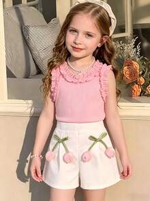 2pcs/Set Young Girl Pink Sleeveless Top Paired With White Tulip Shorts - Pink - View 8
