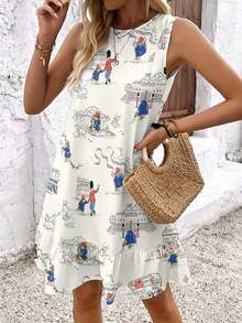A British Cartoon Bear Print Woven Fabric Cute Childlike Women's Dress, Suitable For Daily Leisure, Suitable For Parent-Child Travel, Summer, Perfect Gift, White Background British Cartoon Bear Style Women's Dress - 彩色 - 查看 4