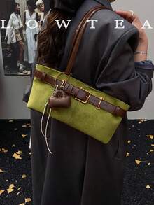 1pc Low Tea Solid Color Suede Fabric Shoulder Bag, Women's Retro Fashion Square Shoulder Bag With Top Double Handles, Zipper Closure, Suitable For Travel, Shopping, Dating, Women's Gift, Great For Commuting, Outdoor, Travel, Hiking , Green - màu xanh lá - Xem 6