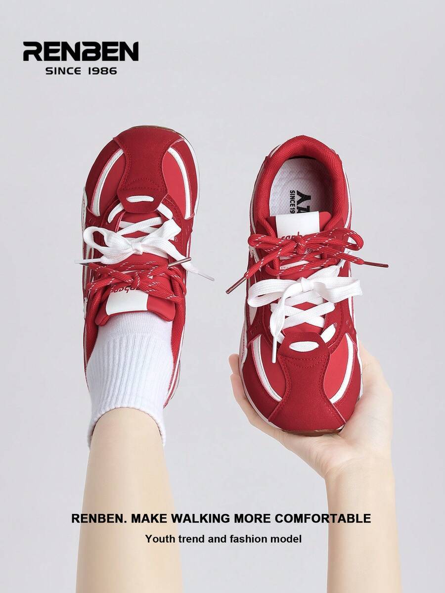 RENBEN 2026春夏新款女式硫化鞋，复古时尚厚底休闲运动鞋 - 紅色 - 查看 1