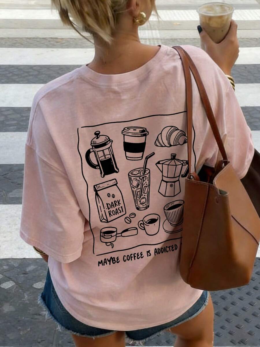 夏季新款休闲慵懒生活美食饮品早餐印花圆领短袖T恤，时尚百搭日常女装上衣 - 淺粉色 - 查看 1