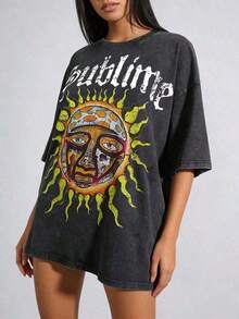 Unisex Sublime Band Sun Face Skull Print Graphic T-Shirt, Vintage Washed 100% Cotton Oversized Crew Neck Short Sleeve Tee, Retro 90s Rock Band Loo - 黑色 01 - 查看 2