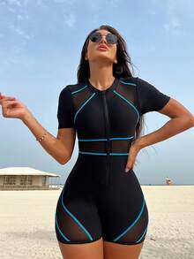 HaiiMeid Women's Color Block Round Neck Short Sleeve One-Piece Swimsuit, Suitable For Beach Vacation, Pool Party, Beach Party Summer - Blue - View 4
