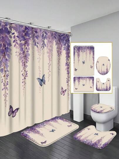 1/3/4pcs Watercolor Wisteria Butterfly Dance Bathroom Set, Home Decoration, Bathroom Curtains, Bathroom Curtains, Shower Curtain Set, Complete Set Of Bathroom Supplies, Including Shower Curtains And Floor Mats.