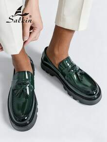 Salkin New Designer Men's Slip-On Loafers, British Style, Soft & Comfortable, Round Toe, Elegant Formal Leather Shoes, Glossy Finish, Green Color, Non-Slip Thick Sole, Suitable For Casual, Dating, Party, Wedding, Spring/Summer/Autumn, Size Runs Small, Please Order One Size Up - Dark Green - View 9