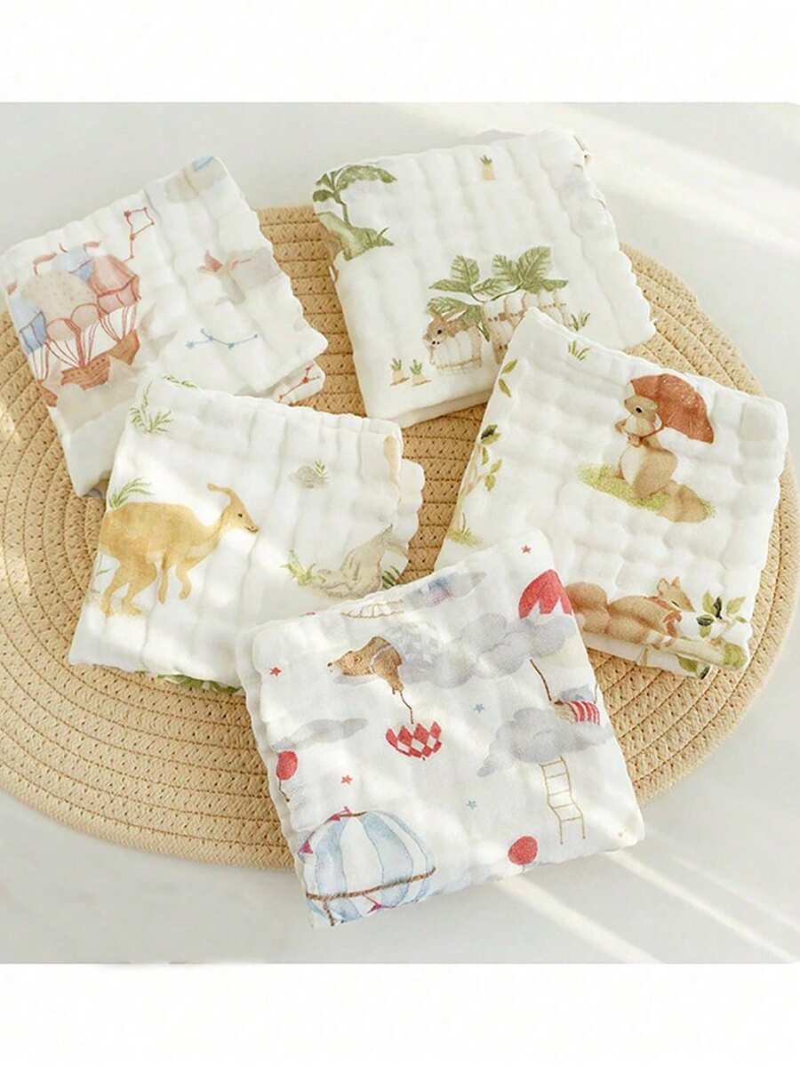 5pcs/Pack & 3pcs/Pack Assorted Cute Animal Pattern Baby Bibs, Newborn Soft Cotton Washcloth Handkerchief, Infant Burp Cloths - Multicolor - View 1