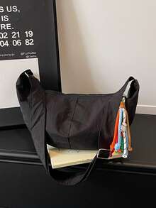 Nueva bolsa de hombro casual de gran capacidad con diseño único de bolsa de masa, con cuerda trenzada - Negro - Ver 8