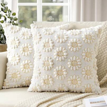 1Pc Spring Pillow Covers Pure White Spring Summer Flower Sunflower Pillowcases Farmhouse Decorative Soft Plush Faux Fur Jacquard For Couch Sofa Home Decor, Cushion Cover, Cushions, Pillow Cases, Bedroom Decoration, Home Deccor, Mother's Day Gift
