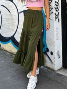 Women's Solid Color Ruffle Hem Slit Hem Skirt, Fashionable & Versatile Spring - Green - View 6